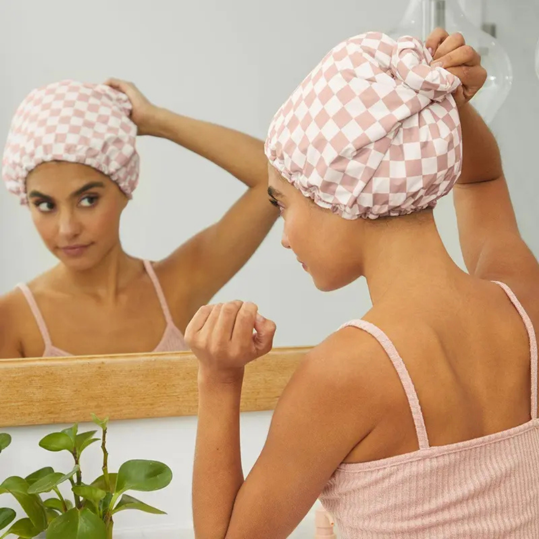 Terracotta Checker Satin Shower Cap